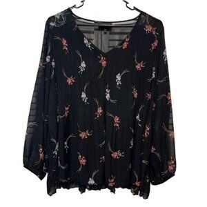 Lane Bryant Blouse Floral Plus Size 26/28 Black Pleated Lined V Neck Accordion